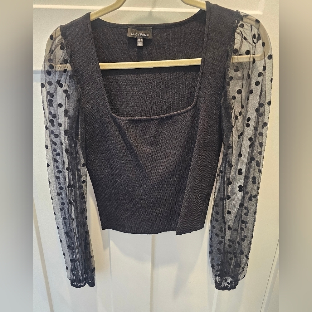 Lucy Paris Black Mesh Dot Puff Sleeve Sweater Top – Size M